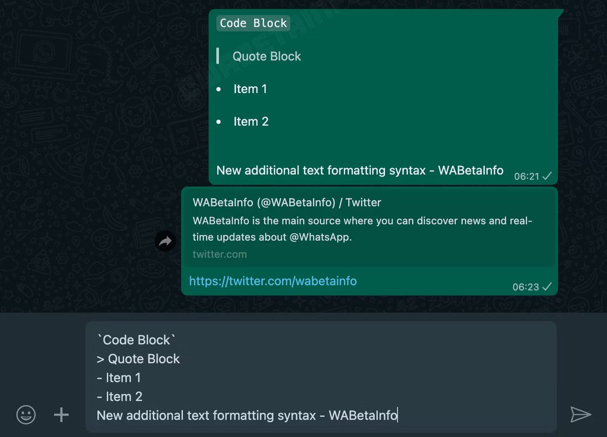 MattNavarra's tweet photo. WhatsApp wants to be a full-blown text editor with new formatting options https://t.co/0gO6sXFZCg https://t.co/0HSRRFkI3m