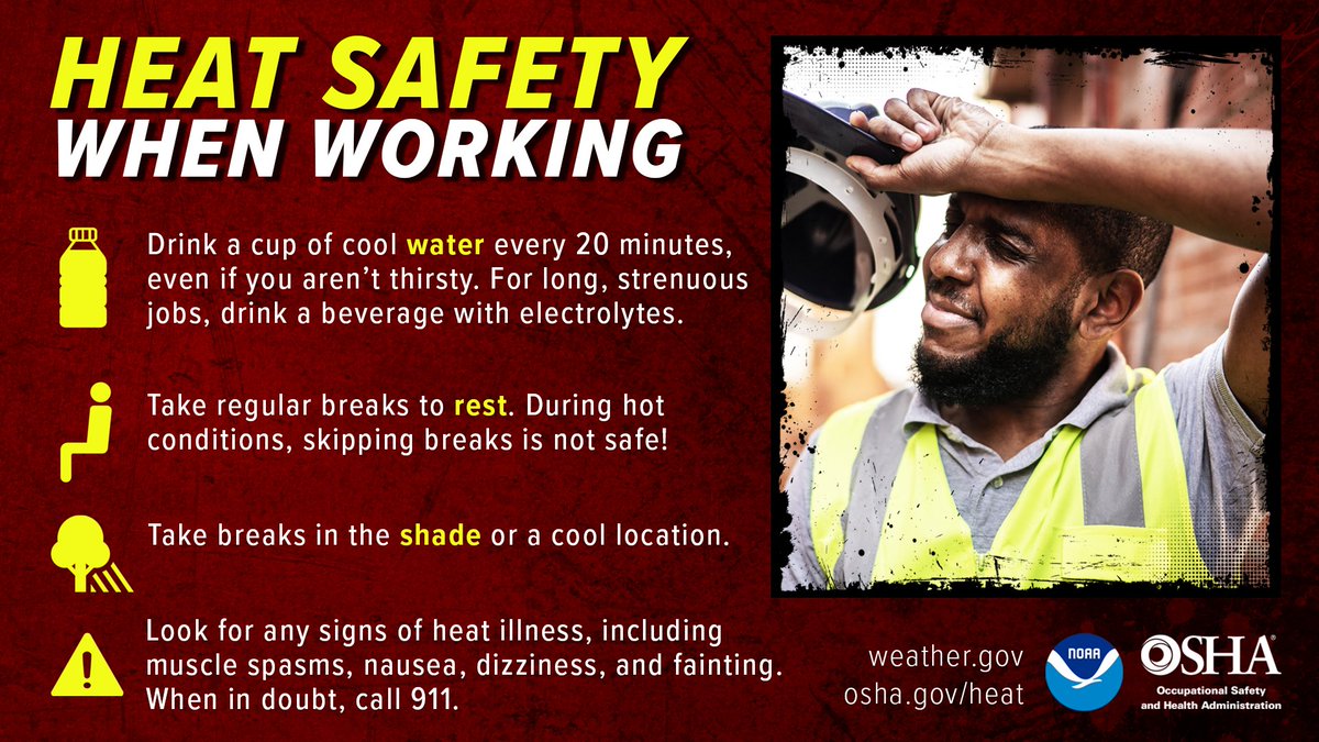Outdoor workers can be at a higher risk from the effects of excessive heat. When working under hot conditions, OSHA recommends #WaterRestShade as well as allowing more frequent breaks for new workers or workers who have been away from the job for a week or more.