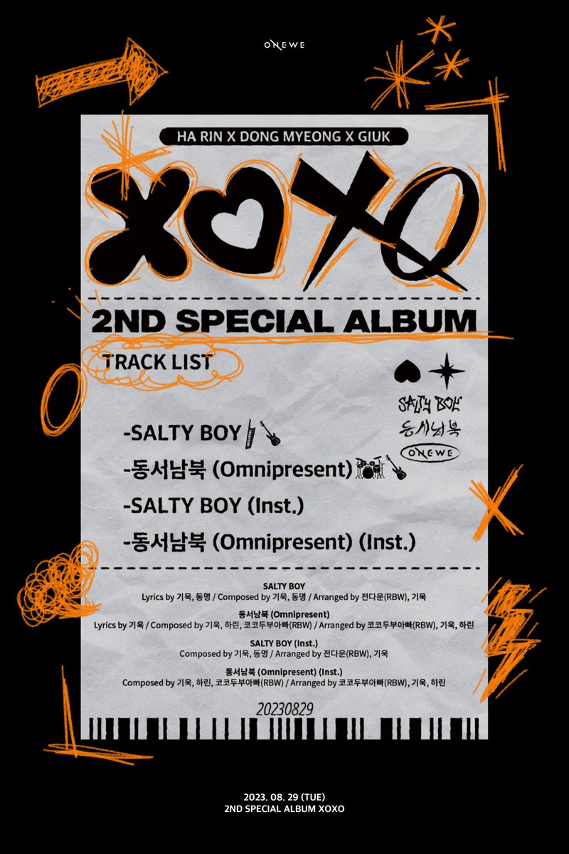 official_ONEWE's tweet photo. [#ONEWE] 

ONEWE 2ND SPECIAL 
ALBUM [XOXO]   

🟧 TRACK LIST 🟧

2023.08.29 6PM RELEASE✔

#원위 #XOXO
#SALTY_BOY #동서남북 https://t.co/vV0Jq2nAHn