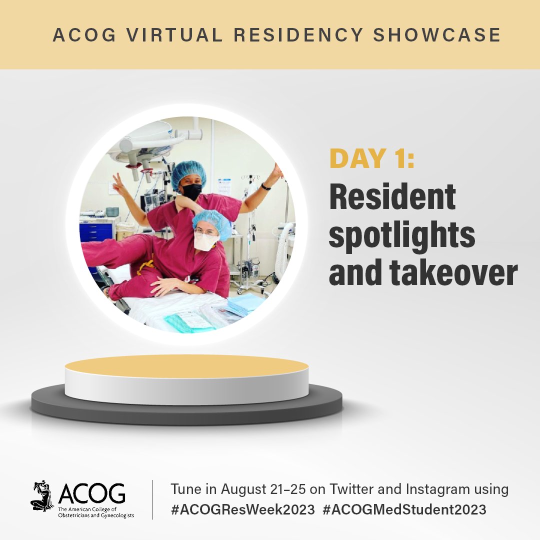 The ACOG Virtual Residency Showcase kicks off today with resident spotlights! 😁 
We encourage #medicalstudents to use #ACOGResWeek2023 and #ACOGMedStudent2023 on X (formerly Twitter) and Instagram all week to learn about #obgynresidency programs and find a potential match.