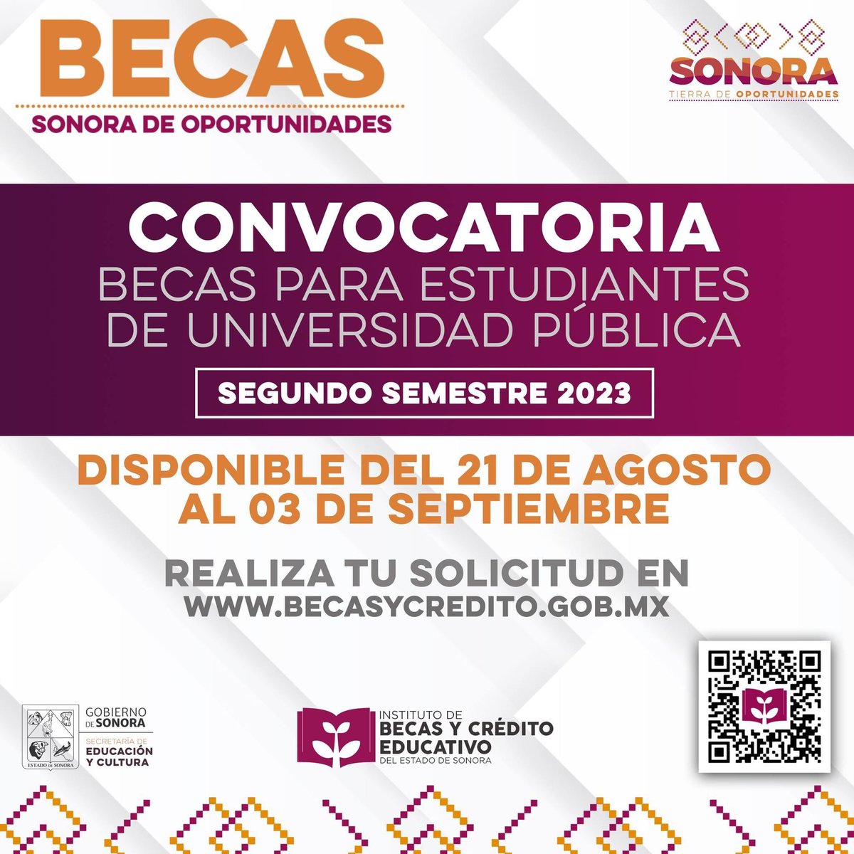 🟠 ¡Atención #Sonora! 📢

Ya se encuentra disponible la convocatoria de Becas Sonora de Oportunidades para estudiantes de universidad pública para el segundo semestre 2023. 

📚 La convocatoria estará disponible del 21 de agosto al 3 de septiembre.

Consulta las bases y