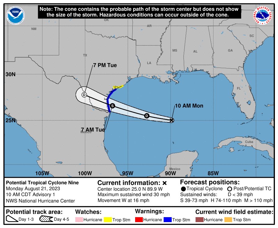 MeteoroTamps's tweet photo. ⚠️🌀ATENCIÓN: el #NHC ha asignado al disturbio tropical #91L como Potencial de Ciclón Tropical Nueve #PCT9, emitiendo el primer pronóstico oficial.
Alcanzaría el estatus de tormenta tropical (#Harold), antes de moverse a tierra al Sur #TX mañana temprano.
🔓1/2 https://t.co/Ba83OQZRf6