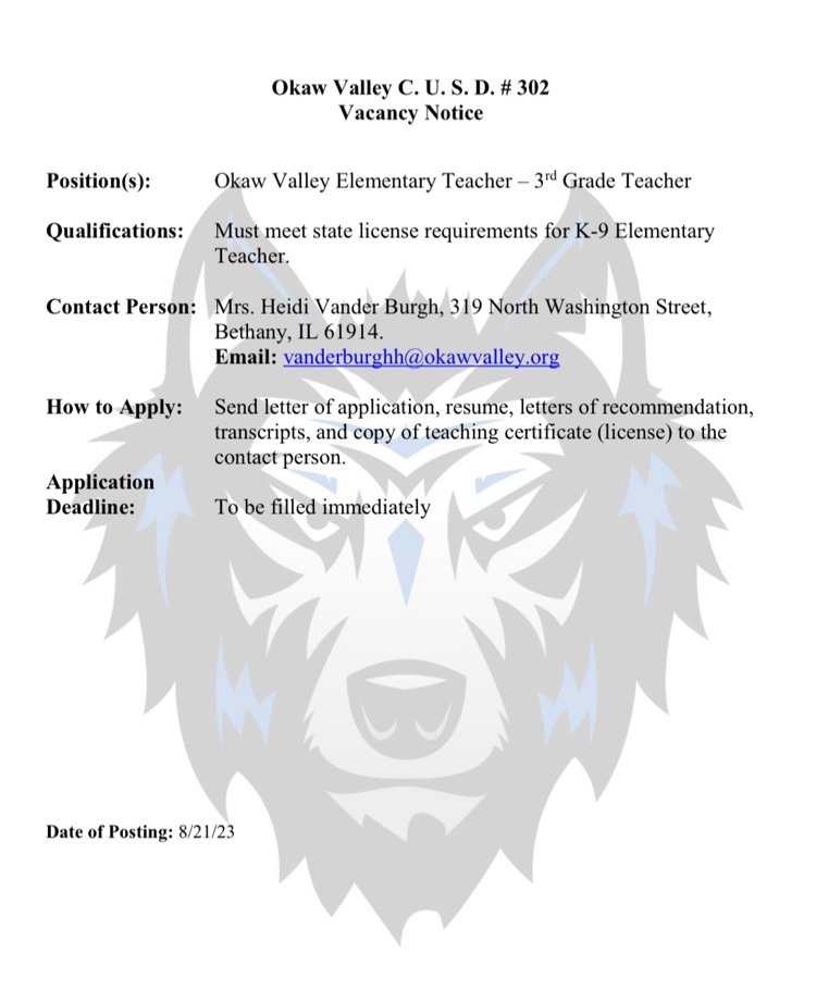 OkawValley's tweet photo. Okaw Valley is in search of a 3rd grade teacher. See the photo for details. #YNotOV https://t.co/Q2EVZkEvFl