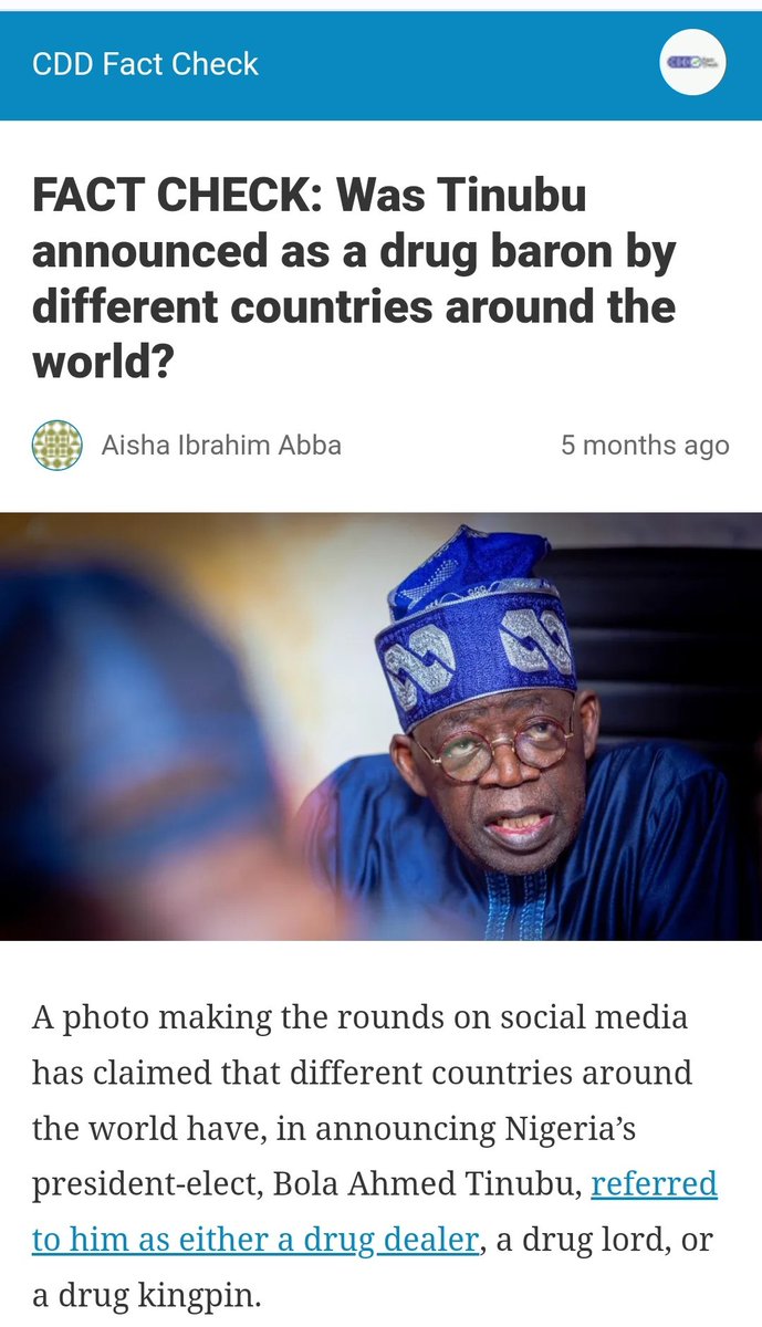 DavidHundeyin's tweet photo. Ever since they put out a "Fact Check" ignoring the real drug trafficking issue and instead focusing on whether Tinubu was "announced as a drug dealer by an Austrian newspaper," I have known that nothing from @CDDWestAfrica is worth wiping my bum with.

I'm not surprised at all. https://t.co/7hh5QcTiin