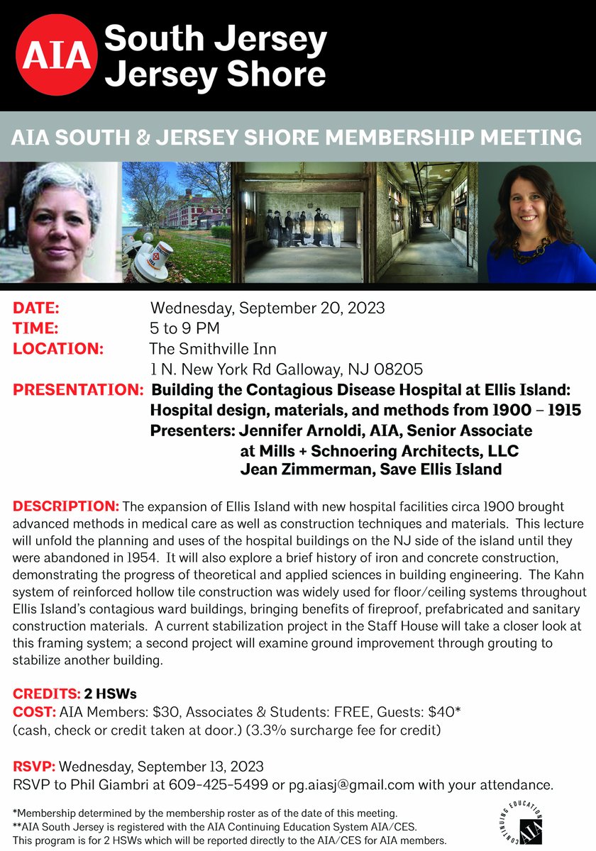 AIA Jersey Shore & AIA South Jersey joint meeting on 9/20/23. Jennifer Arnoldi, AIA, of Mills + Schnoering Architects, LLC, and Jean Zimmerman, of Save Ellis Island, will give a captivating presentation on Ellis Island. All are welcome to register! aia-nj.org/blog/2023/08/2…