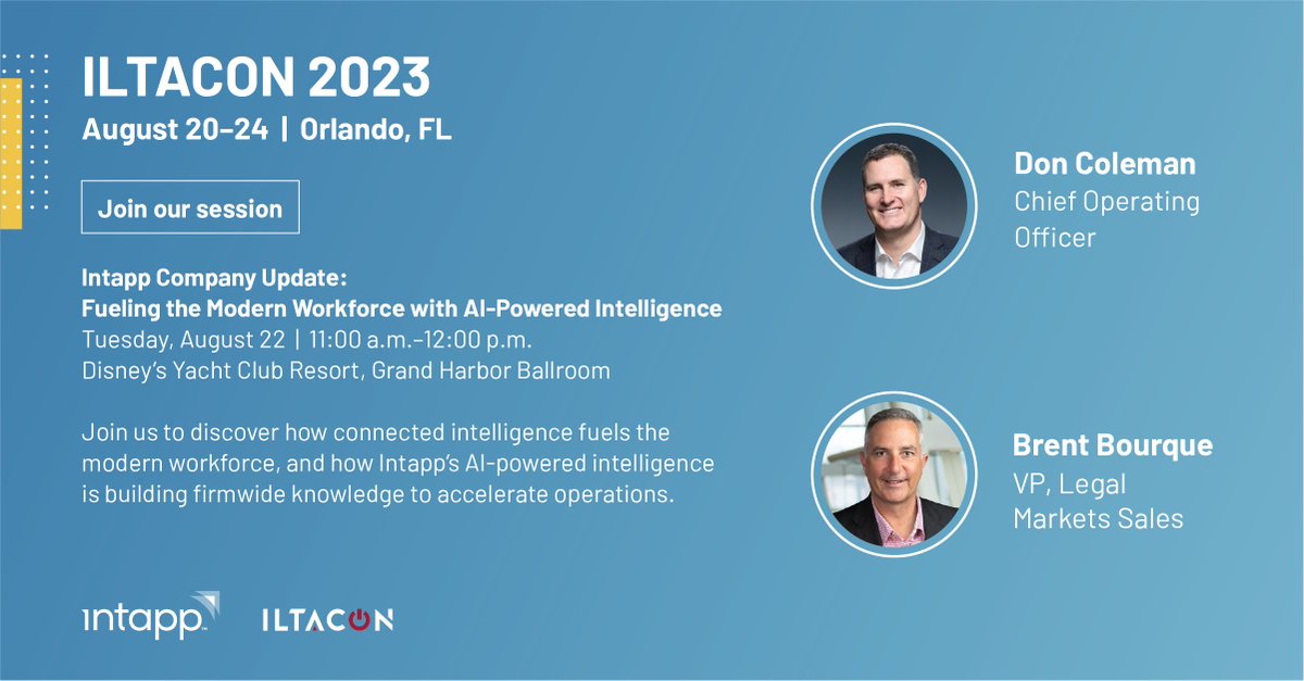 intapp's tweet image. Join our company update in the Grand Harbor Ballroom, Yacht Club, on 8/22 as Intapp company leader discuss how we’re connecting intelligence to fuel the #ModernWorkforce. 

#ILTACON2023 #Intapp #DealCloud