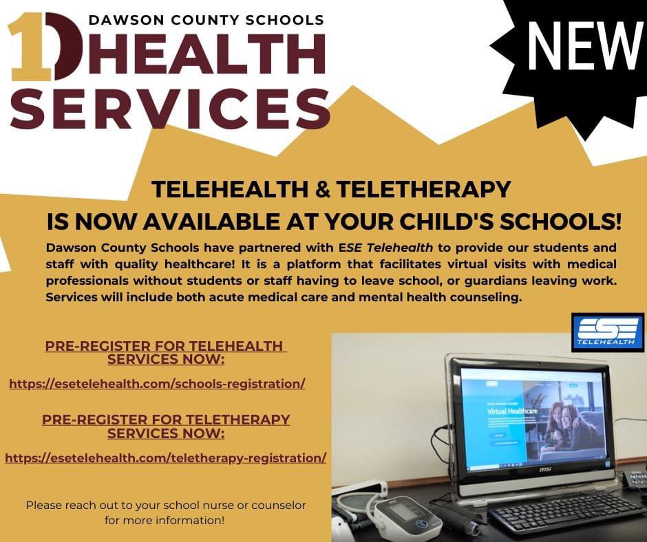The Dawson County School System is proud to announce our partnership with ESE Telehealth to bring quality healthcare to students, faculty, and staff in our district! See attachments for more information!