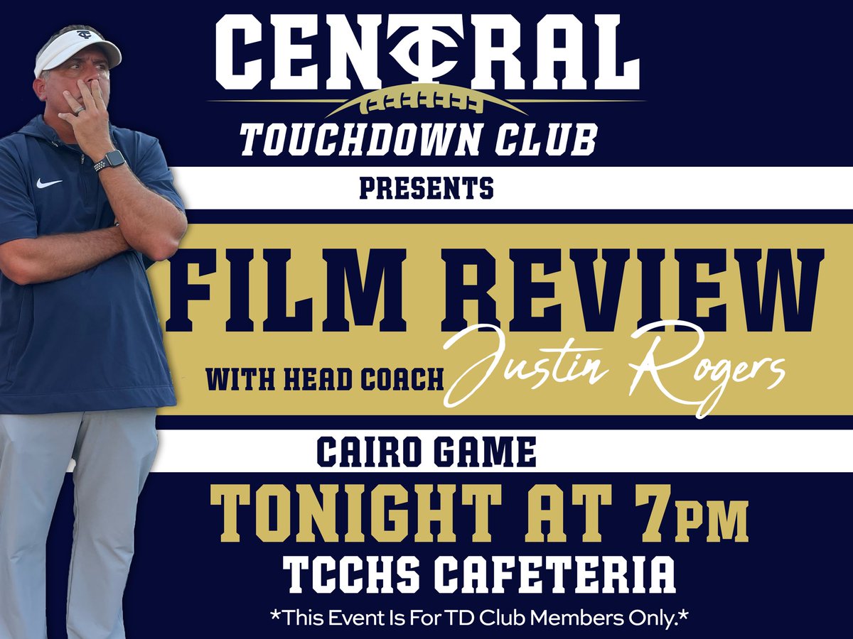 tcchsyjfootball's tweet photo. ATTN: TD Club Members, please join us tonight for Film Review with HC Justin Rogers! Event begins at 7pm in the TCCHS Cafeteria. Coach will go over the Cairo game film and answer your questions! #TheCounty #TogetherWeSwarm #W1NTHEDAY https://t.co/GPUckJUTr2