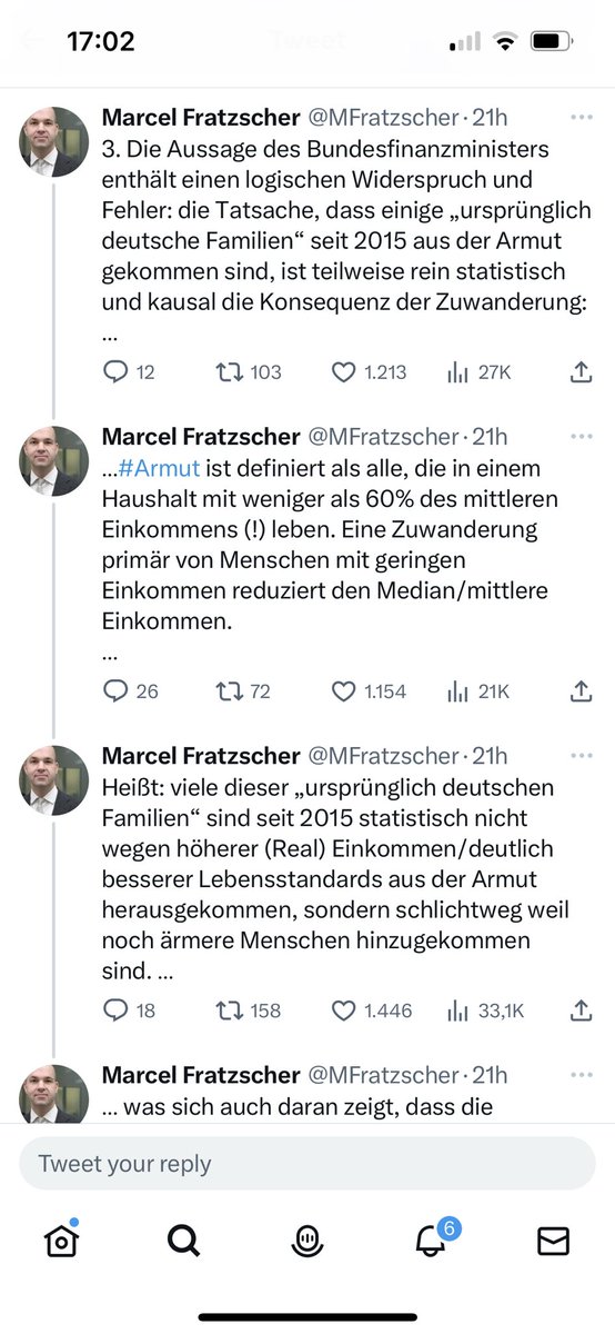 thinkBTO's tweet image. Diesen Thread muss man sich aufheben. Herr Fratzscher erklärt vollkommen korrekt, wieso die Armut zunimmt. Er vergisst es dann wieder, wenn er nach höheren Steuern für „Reiche“ ruft. Dabei werden wir „ärmer“ weil wir Bedürftigen helfen. Nein: Deutschland wird nicht ungerechter.