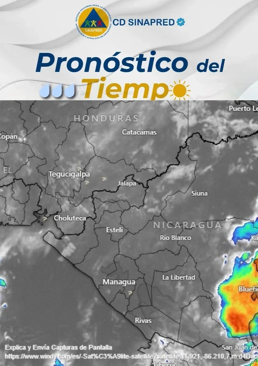 Este lunes 21 de agosto,  una vaguada desplazándose sobre el Noroeste del Mar Caribe y Nicaragua. 

En el Pacífico se esperan temperaturas de 28 a 35 grados celsius, de 26 a 34 en la Zona Norte y Central y de 29 a 31 grados en las Regiones Autónomas de la Costa Caribe. 👩‍🚒👨‍🚒🌧☔️