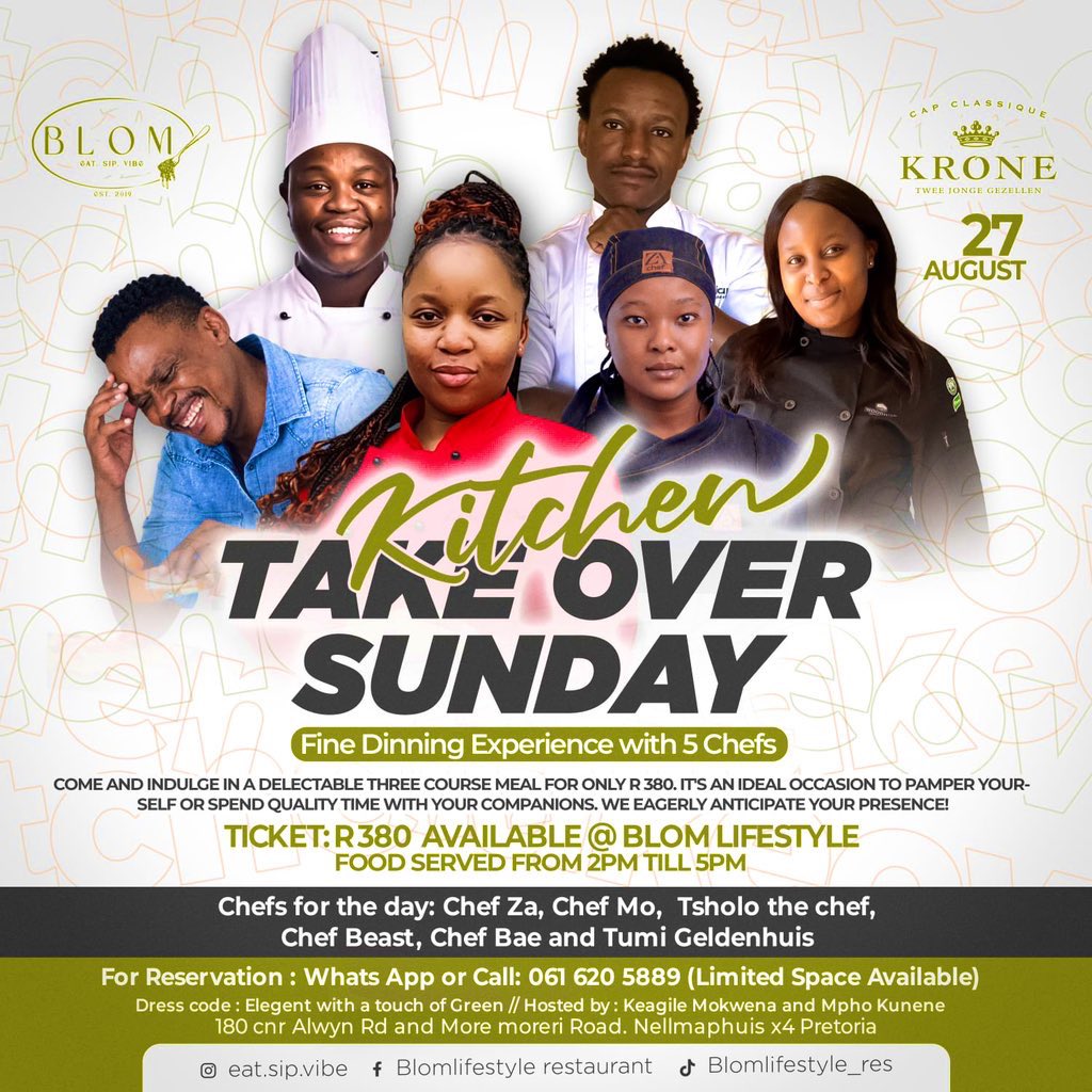 zaelitesolution's tweet photo. Join Me,alongside other Chefs [who took part in The Kitchen Takeover] this Sunday as we tantalise Your tastebuds with Our Delectable 3 Course Meal paired with some of the finest Wines

Book Your Seat by purchasing a ticket from Me or at Blom Lifestyle Café for only R380

Za’ 🖤👩🏽‍🍳 https://t.co/rEhGhCYC4d