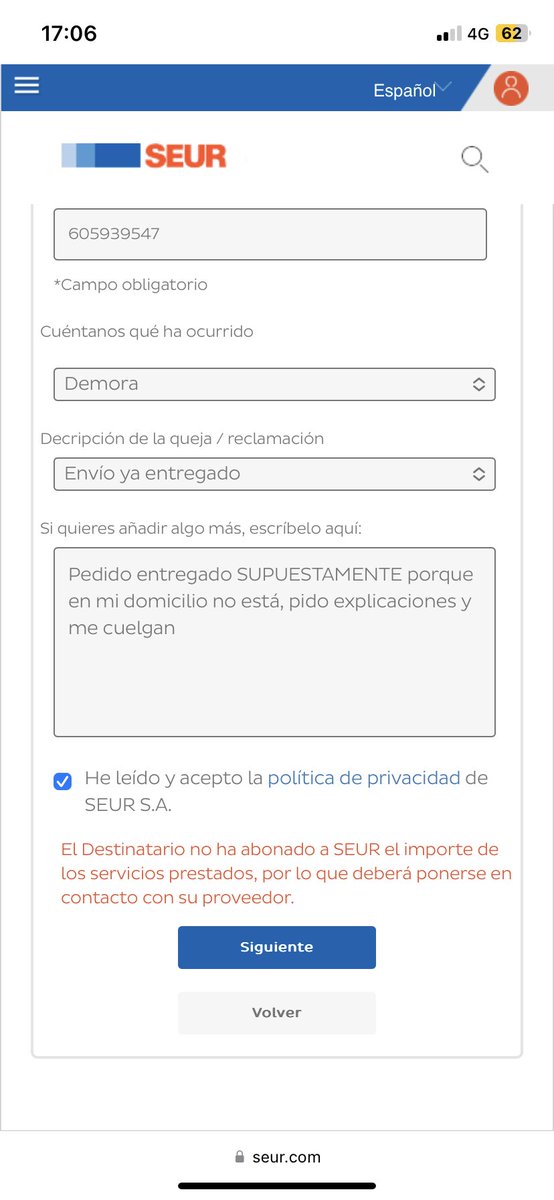 jsuisleti's tweet photo. @SEUR Claro, ahora es que no pago el destinatario un pedido ya pagado.... https://t.co/5FBPULz3Tm
