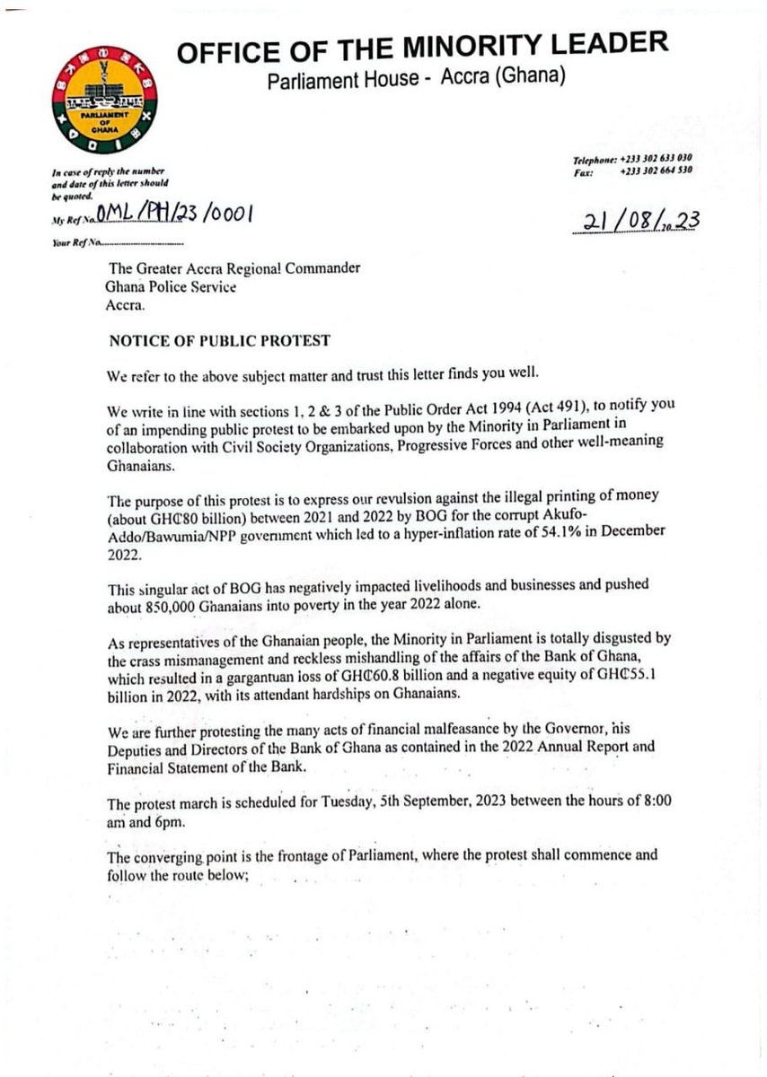 NapoleonAde's tweet photo. *Breaking News;*
Notice of historic #OccupyBOG demo duly served on the Ghana police service; Demo to take place on Tuesday, 5th September, 2023.
*Enough of the criminal and willful recklessness. Let’s arise to save Ghana now!*
#AddisonMustGo
#BOGDirectorsMustGo
#8DaysMore https://t.co/ZA7Cv5cfAT