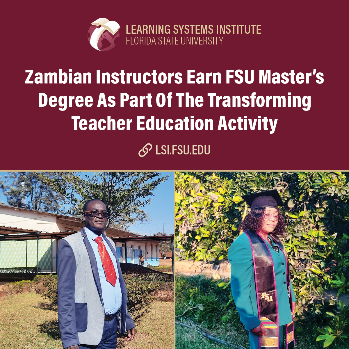 lsifsu's tweet photo. As part of the @USAID-funded Transforming Teacher Education Activity in Zambia, Charles &amp; Virginia completed an online master’s degree program from @FloridaState. CONGRATULATIONS to the new graduates!

#InnovatingLearning | #FSUglobal

Story: https://t.co/DJEqaDPYJm https://t.co/E1iKzX1BhV
