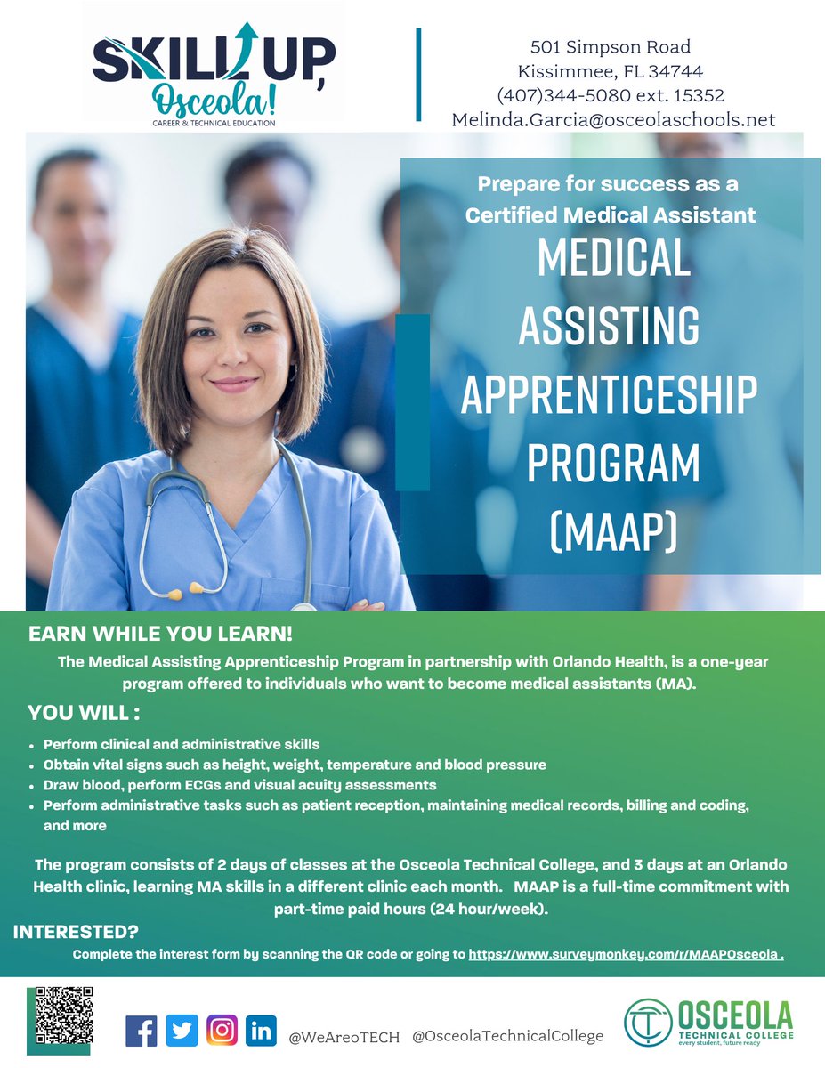 Interested in starting your career in the medical field?  If so, complete the interest form by scanning the QR code or visiting the following website: surveymonkey.com/r/MAAPOsceola

#GetThereFL #CTEOsceola #SkillUpOsceola #SDOCGoodtoGreat #MakeExcellenceAHabit