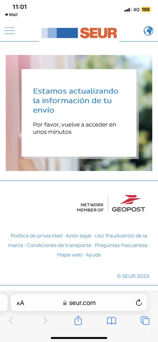 jsuisleti's tweet photo. @SEUR Por eso tampoco me dejaba ver la informacion del pedido hoy que supuestamente estaba en reparto @SEUR https://t.co/4tshZSJoNA