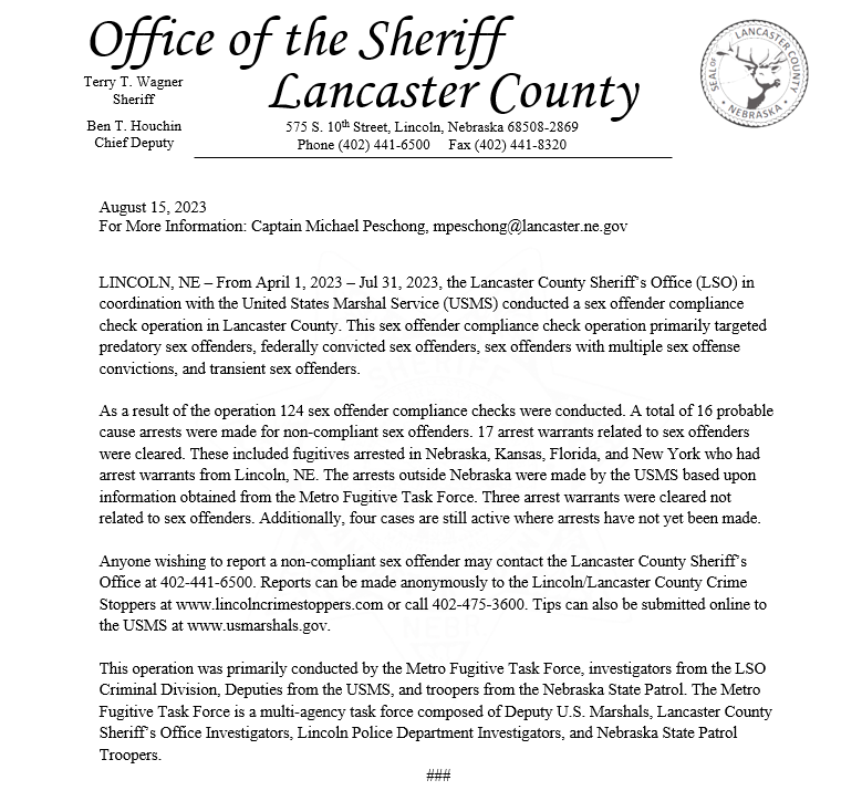 LSOnebraska's tweet photo. The Lancaster County Sheriff's Office partnered with the US Marshals Service to conduct a sex offender compliance check in #LancasterCountyNe. Results and details can be found below. The entire project was funded by the Marshals Service.
#LSO #LNK #Keepingyousafe #USMS https://t.co/sqaCMwNYrH