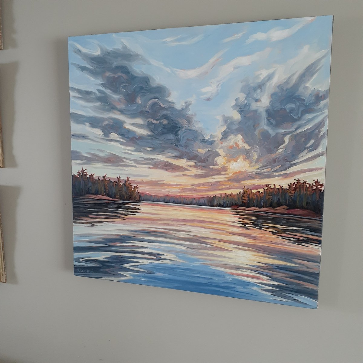 This gloriously luminous work of genius called Tea Light - North Tea Lake, by the gloriously luminous artist Brigitte Granton (@BGrantonArtist ) has arrived safe and sound at its new home - mine.