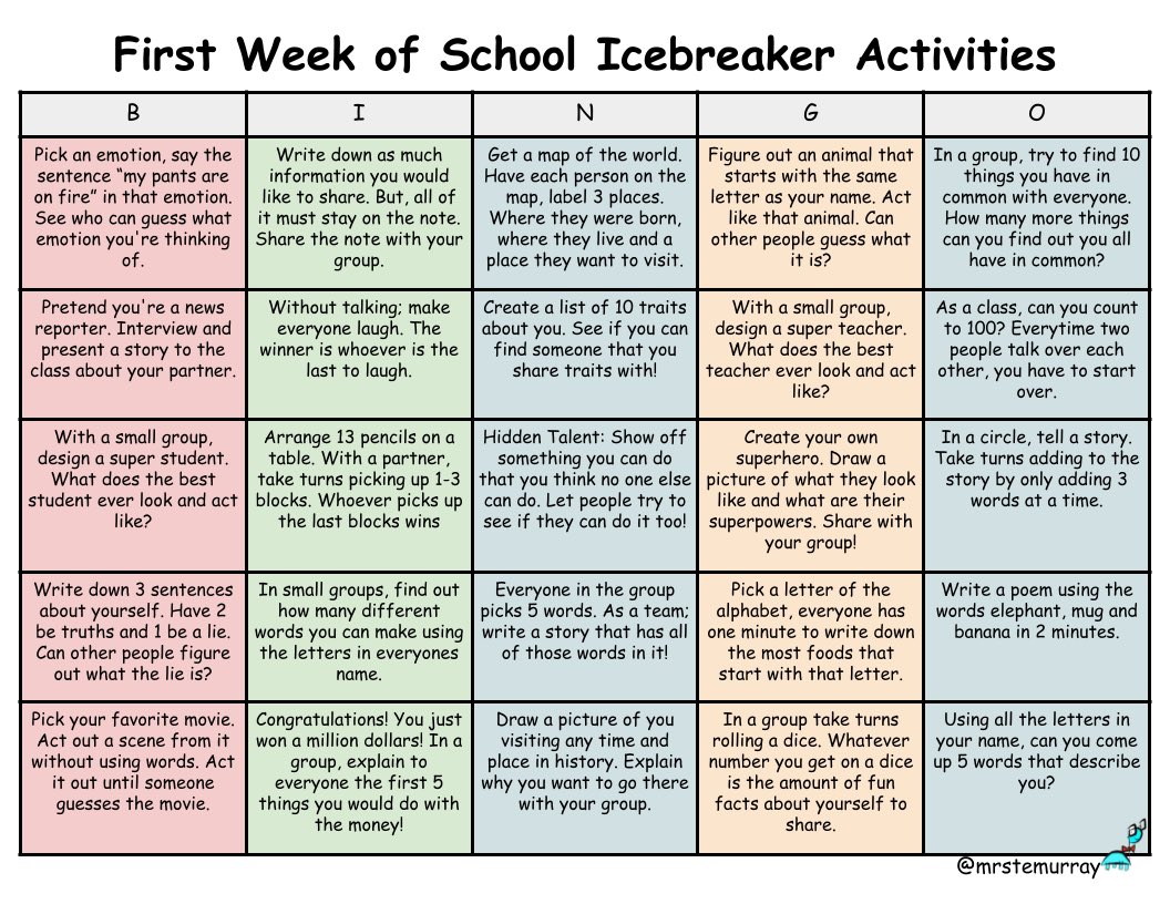 MrSTEmurray's tweet photo. Back to school activities! Monday need some fun icebreakers to start the year off? Here’s some great ones to try! https://t.co/ZRdUb1ZyTR