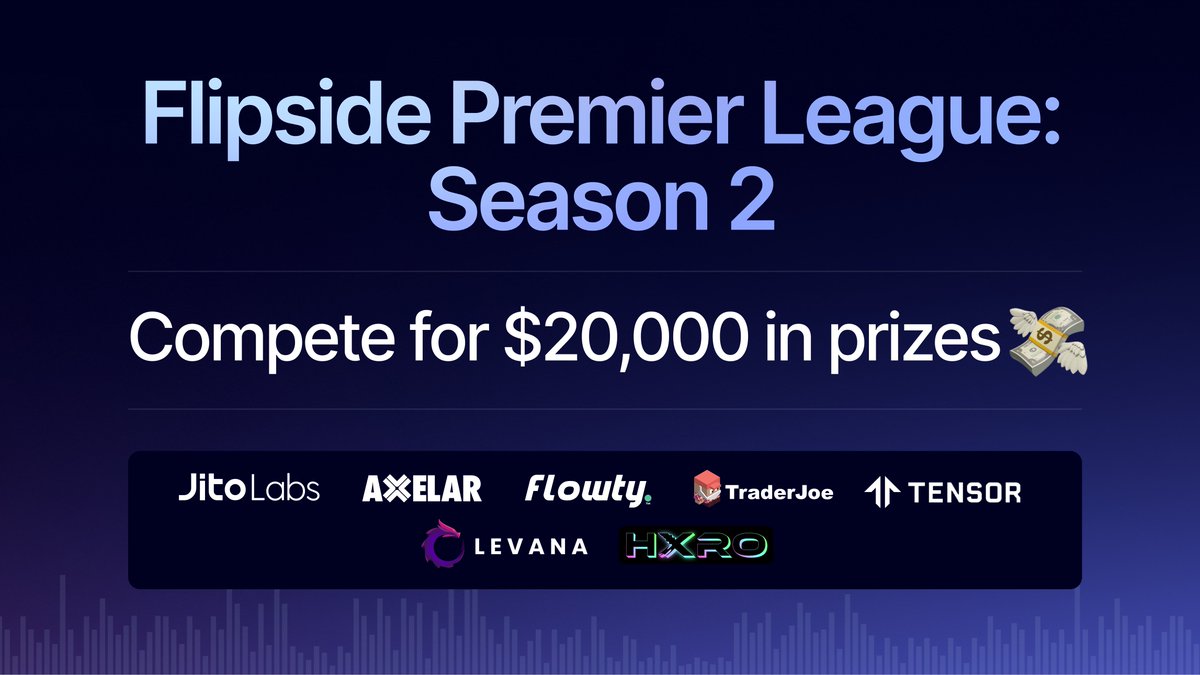 flipsidecrypto's tweet photo. The Flipside Premier League is BACK!

And this time, we're squadding up with some incredible teams to raise the stakes and get you PAID 💰

Dust off those onchain analysis skills anon — one week from today it's time to make boards and make bank 📊

🧵
https://t.co/MQoC4YOiqv https://t.co/d4Plhch2ok