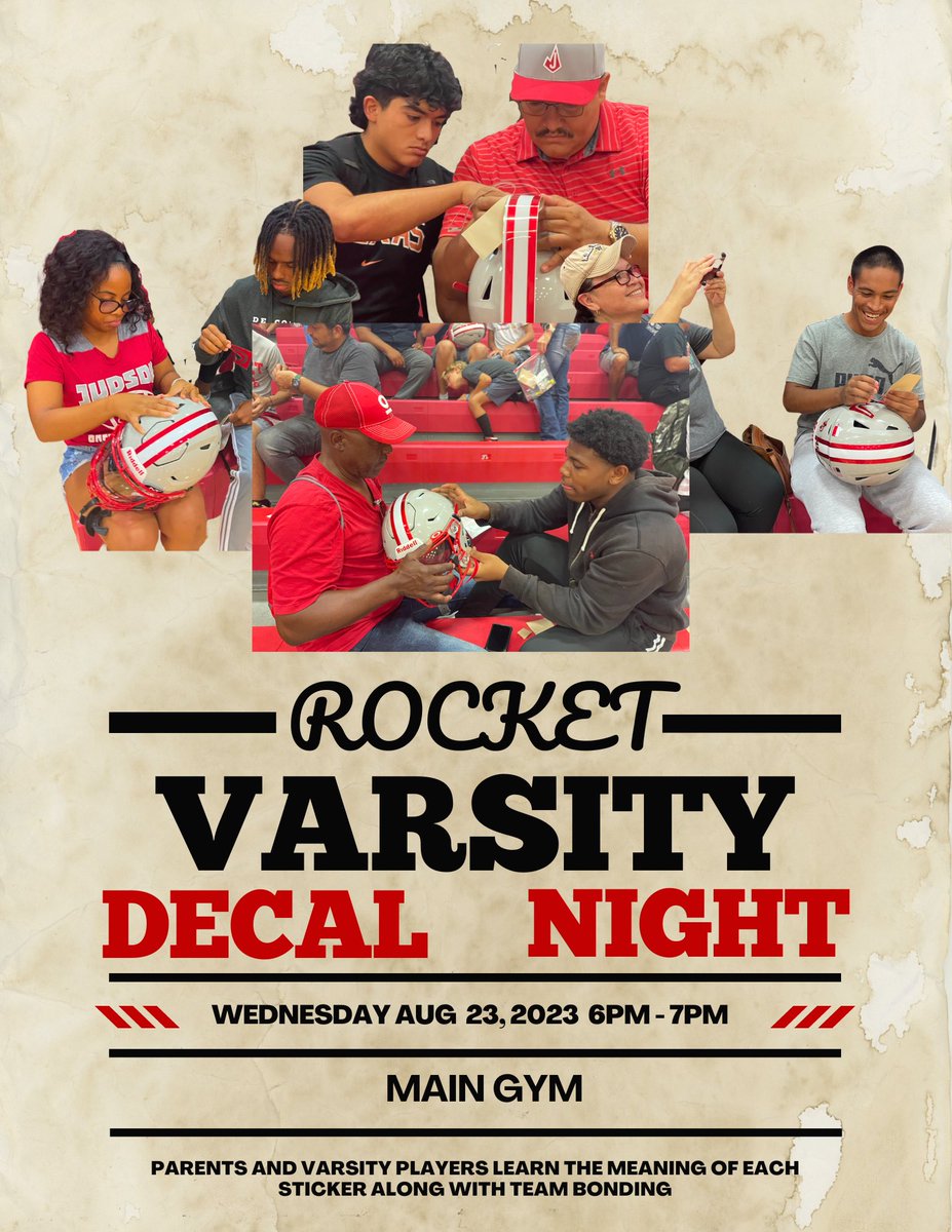 Decal night this Wednesday at 6pm in the main gym.  Varsity only <a href="/JISD_ATHLETICS/">Judson ISD Athletics</a> <a href="/JudsonFootball/">Judson Football</a> <a href="/JISDRocketPride/">Judson High School</a>