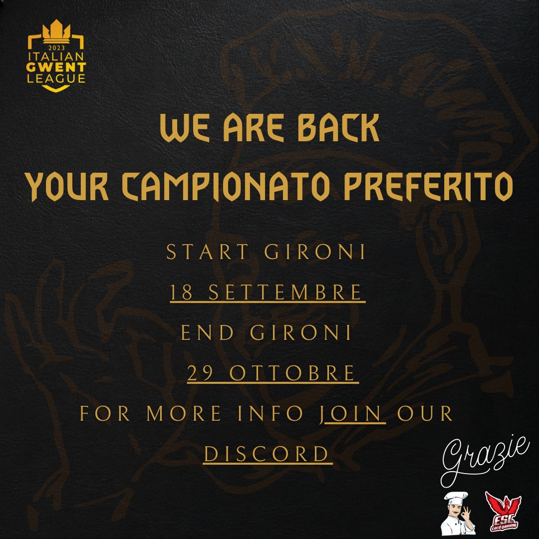 👌WE ARE BACK 👨🏻‍🍳

Ritorna l'Italian Gwent League!
Partecipa al torneo che ha fatto la storia del Gwent in Italia:
💸 Iscrizione gratuita
💰 Ricco montepremi (TBA)
👑 Titolo di "Campione Italiano di Gwent"

Unisciti al nostro Discord e iscriviti subito!
➡️ discord.gg/WqUj9yF