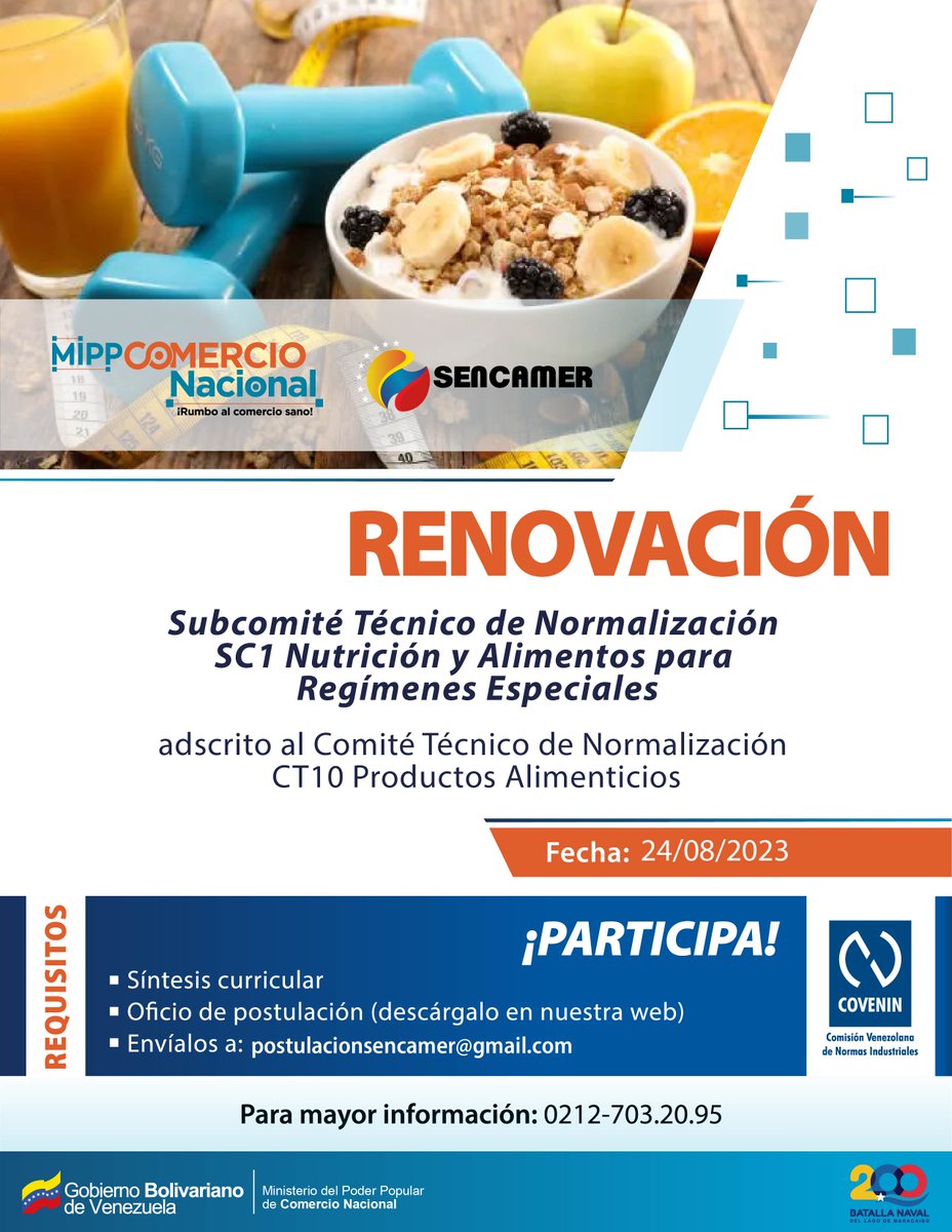 ☝️Hasta el #24Ago, puedes participar en la renovación del Subcomité Técnico de #Normalización SC1 Nutrición y Alimentos para Regímenes Especiales.

Enviando tu currículo junto al oficio de postulación acortar.link/A3ty5Q al correo electrónico: ⬇
postulacionsencamer@gmail.com