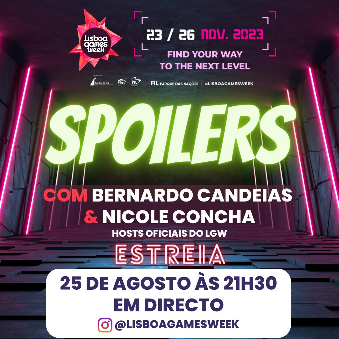 Lisboa Games Week (@gamesweek) on Twitter photo Esta sexta-feira em directo no Instagram do Lisboa <a href="/GamesWeek/">Lisboa Games Week</a> assiste ao regresso do #Spoilers com o Bernardo Candeias (<a href="/bernardcandey/">Bernardo Candeias</a>) e Nicole Concha (<a href="/Nicole_Concha/">Nicole Concha</a>)! Há muitas novidades e passatempos! Não percas! Esta sexta-feira em directo no Instagram do Lisboa <a href="/GamesWeek/">Lisboa Games Week</a> assiste ao regresso do #Spoilers com o Bernardo Candeias (<a href="/bernardcandey/">Bernardo Candeias</a>) e Nicole Concha (<a href="/Nicole_Concha/">Nicole Concha</a>)! Há muitas novidades e passatempos! Não percas!