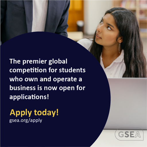 Don't miss this chance to shine on the global stage and take your venture to new heights! Apply now at gsea.org/apply.  
#GSEA2024 #StudentEntrepreneurs #ApplyNow #InnovateAndThrive #GlobalCompetition #EntrepreneurialJourney #DreamBig