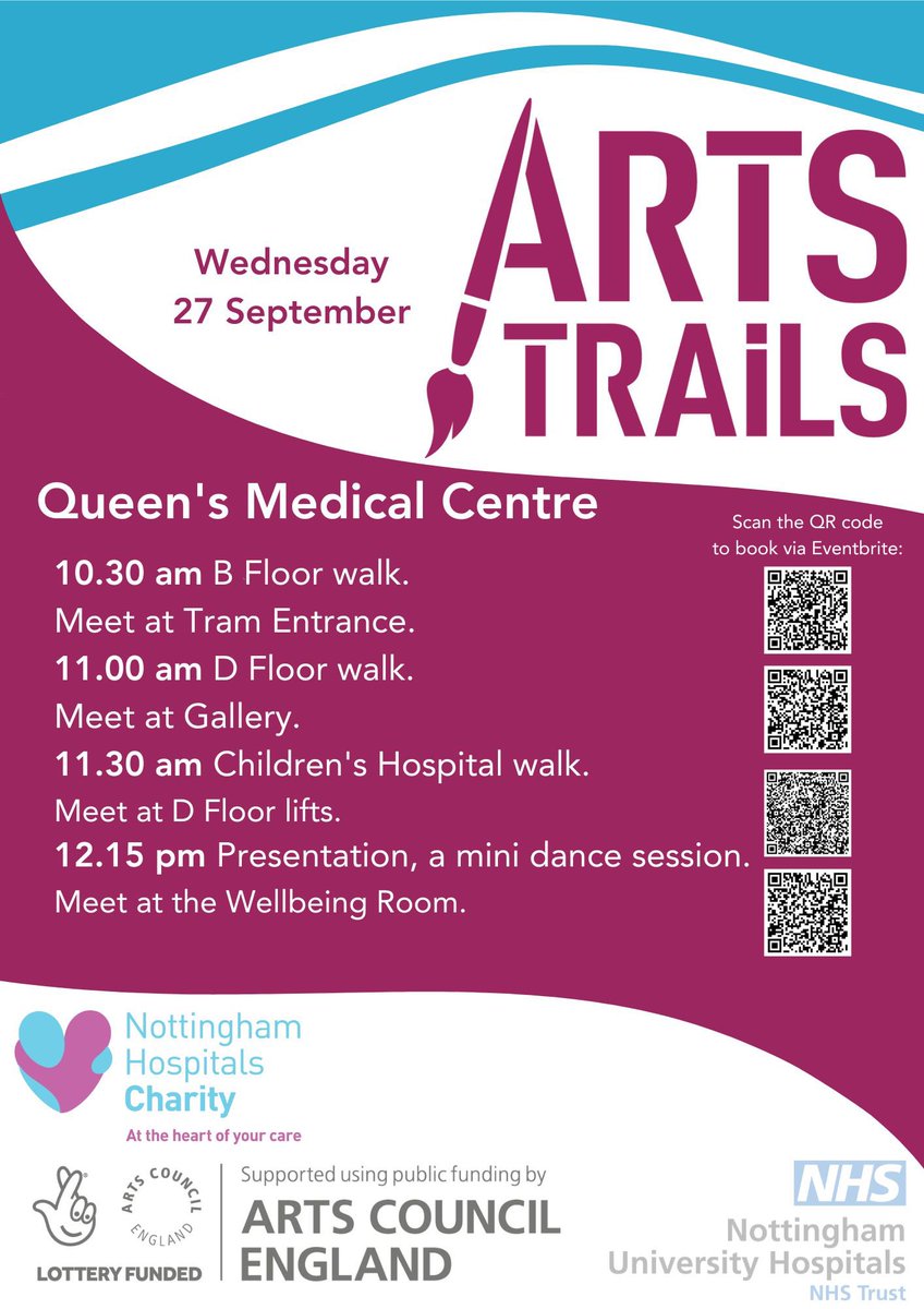 Interested in exploring the arts collection at Nottinghams hospitals and getting moving at the same time? Arts at NUH and Active Hospitals are beyond excited to launch the Arts Trails project on Wednesday 27 September. Scan the QR codes and book your attendance via Eventbrite!