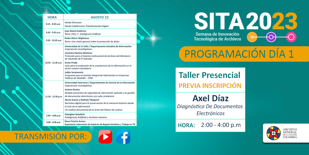 laprofeadela's tweet photo. Todxs invitadxs del 23 al 25 de agosto a #SITA2023, evento académico del Archivo General de la Nación de Colombia donde reflexionaremos en temas relacionados con la #transformaciondigital y la #innovacion tecnológica en archivos. Tendremos invitados de lujo. Consulta la agenda https://t.co/DScSM2gdGX