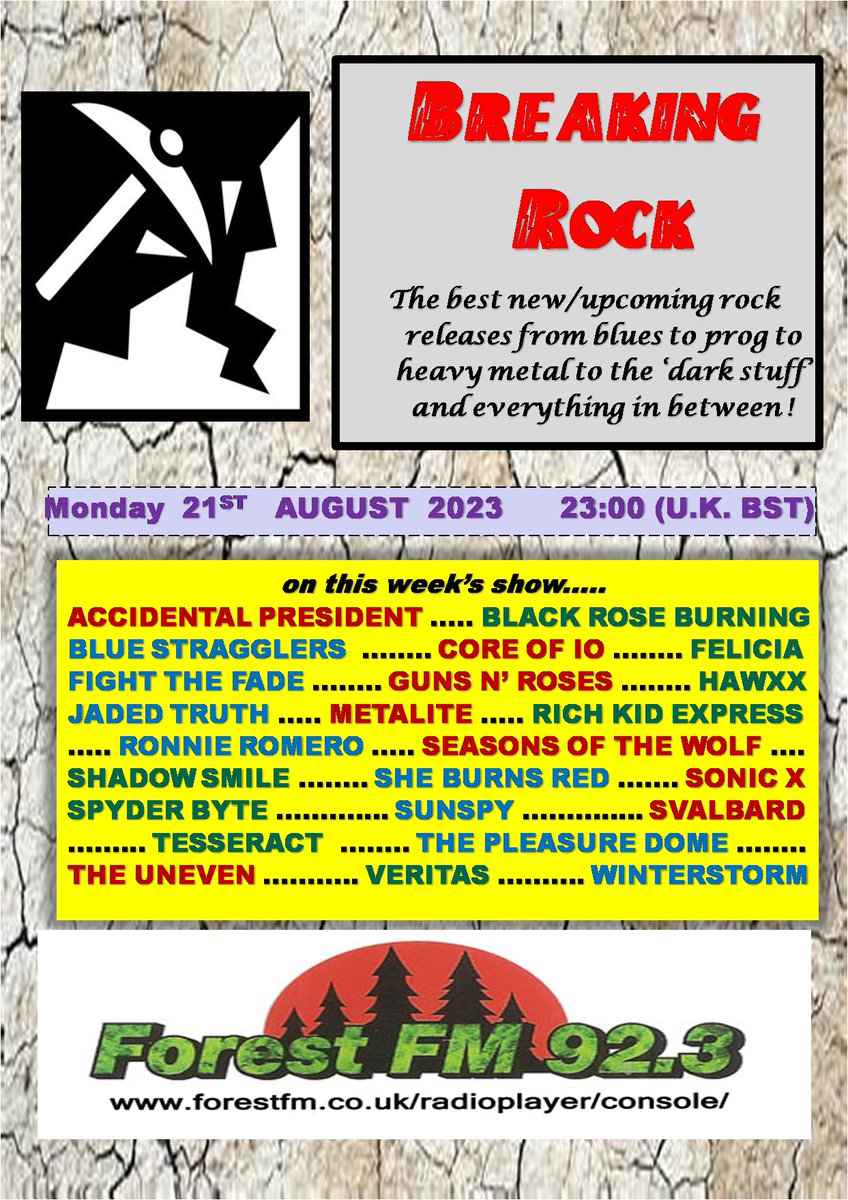 Just announced! <a href="/pjbreakingrock/">Breaking Rockshow</a> #radioshow <a href="/ForestFM/">Forest FM 92.3</a> today 11pm (UK) stream forestfm.co.uk/radioplayer/co… + <a href="/Svalbardband/">Svalbard</a> <a href="/tesseractband/">TesseracT</a> @thepleasured0me <a href="/TUneven/">The Uneven</a> <a href="/jadedtruthband/">Jaded Truth</a> <a href="/Coreofio/">Core Of iO</a> #AccidentalPresident #Felicia #SeasonsOfTheWolf #Sunspy #Veritas #Winterstorm + many more