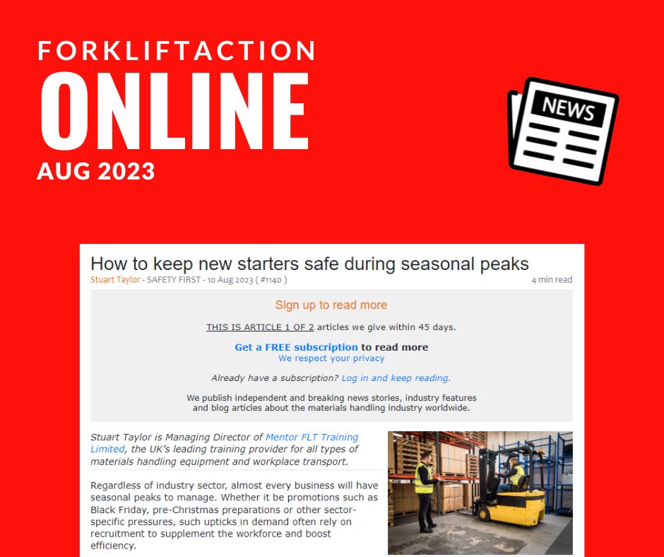 Thank you <a href="/FORKLIFTACTION/">Forkliftaction - FLA</a> for featuring our latest article: 'How to keep new starters safe during seasonal peaks'. 

We outline 4 key steps you can take to ensure your new recruits stay safe around MHE from day one - take a look! 

Full article here: okt.to/XqBNcg