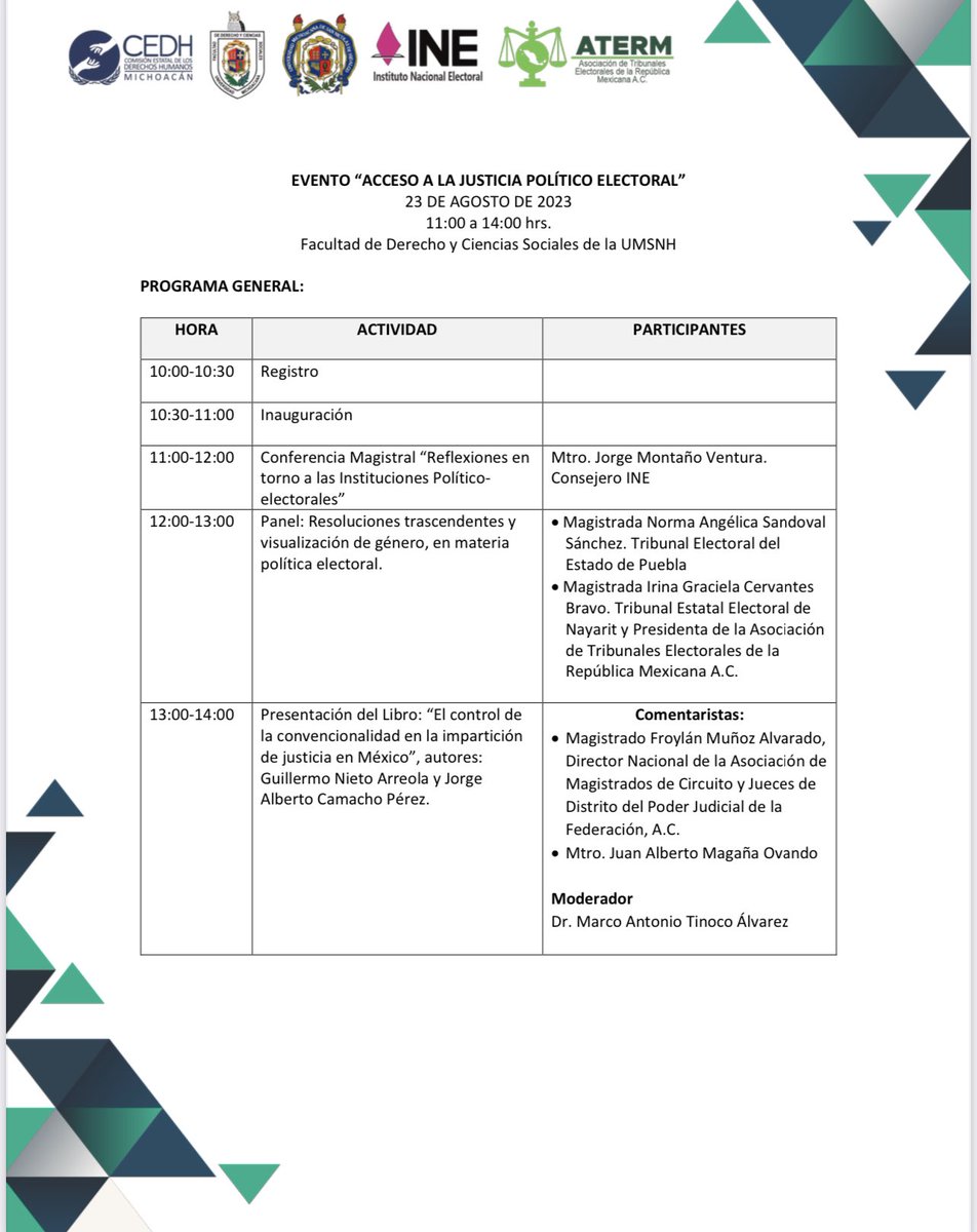 ✍🏼 🗓️  Tenemos una cita 
#Acompáñanos

Gracias 🙏🏼<a href="/CEDHMichoacan/">CEDH Michoacán</a> y <a href="/UMSNH_Oficial/">UMSNH Oficial</a> por la invitación 

Es un honor poder compartir con magistrad@s de <a href="/ATERMAC/">ATERM</a> con compañer@s del <a href="/INEMexico/">@INEMexico</a> y de <a href="/jufed_org/">Juzgadoras y Juzgadores Federales</a> 

🗓️ 23 de agosto
🕛 10:00 hrs 🇲🇽 centro