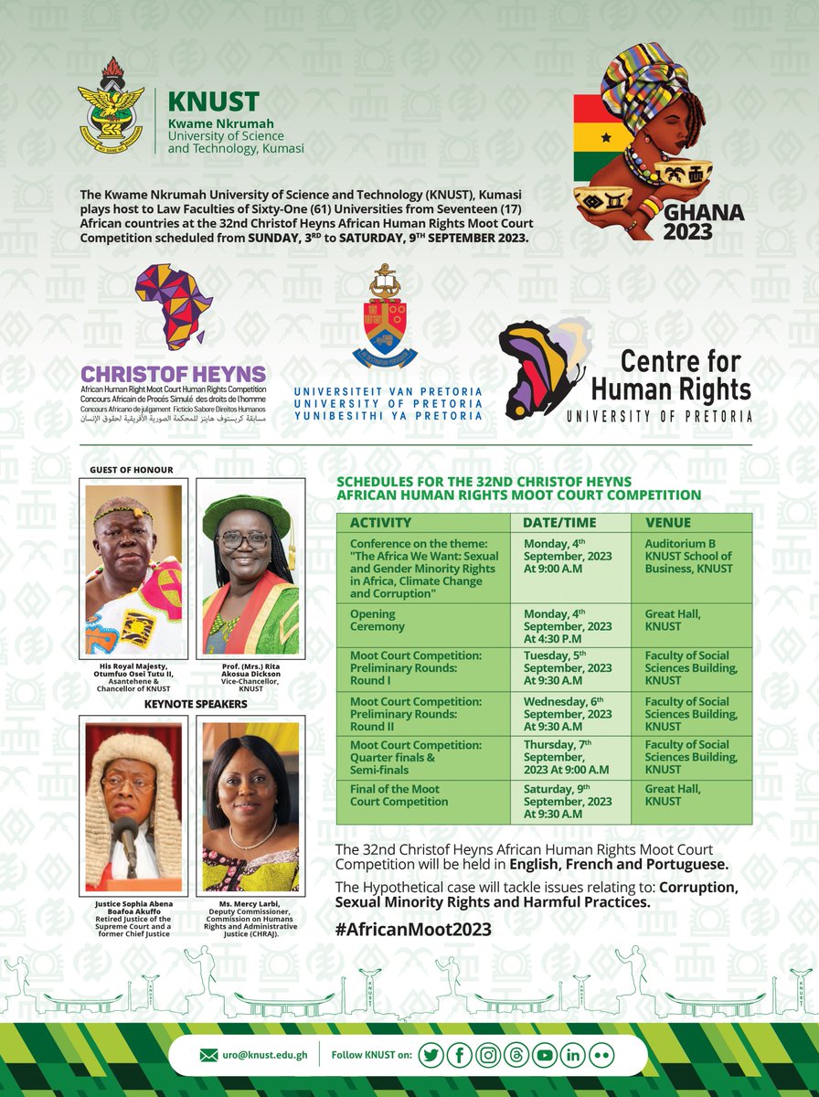 KNUSTGH's tweet photo. KNUST plays host to Law Faculties of Sixty-One (61) Universities from Seventeen (17) African countries at the 32nd Christof Heyns African Human Rights Moot Court Competition scheduled from Sunday, 3rd to Saturday, 9th September 2023.
#AfricanMoot2023 #KNUST #Humanrights https://t.co/YVHGpXOJdB