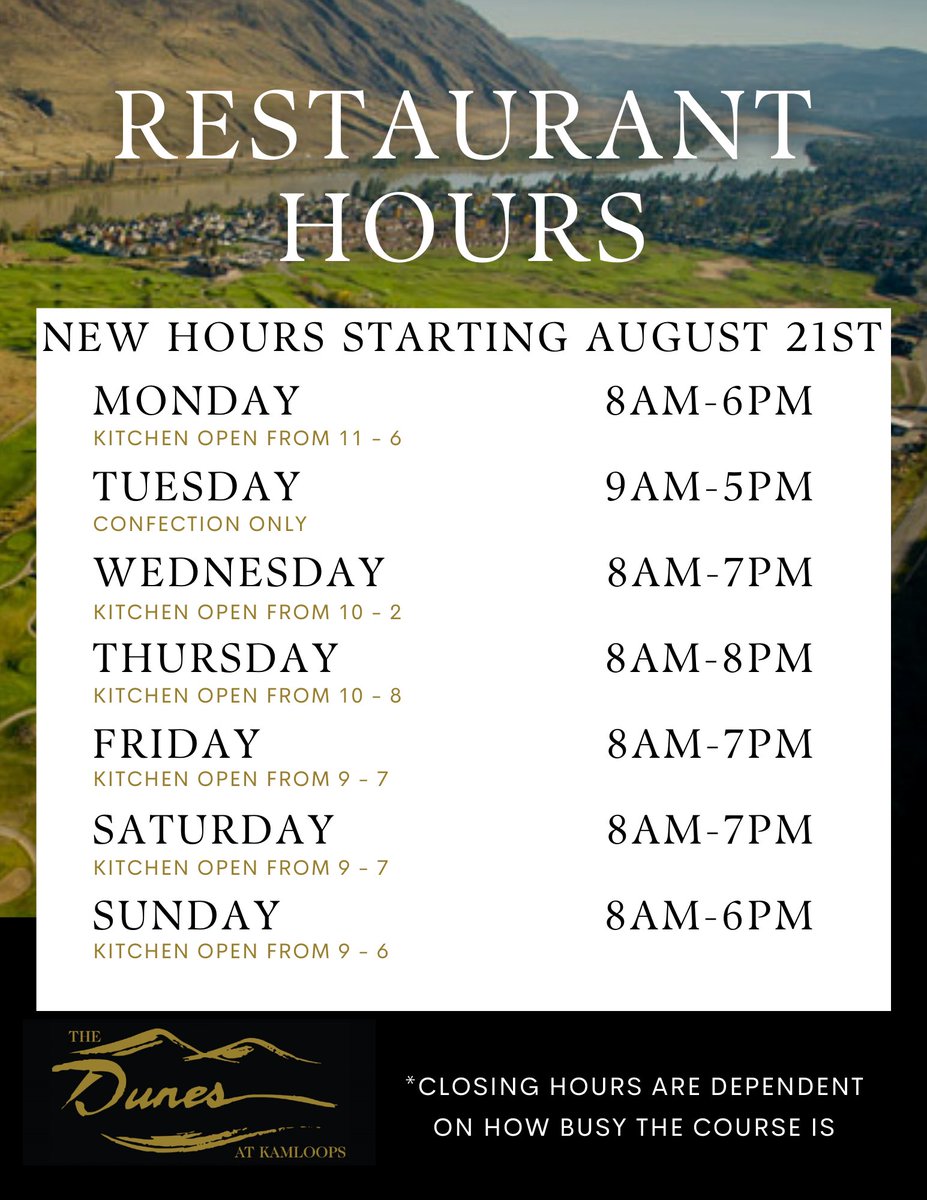 Here are our new restaurant hours starting today! Swing by for a round of golf and some delicious food! 😋

Questions? Call us at Call Us! (250) 579-3300
Book your next round: golfthedunes.com