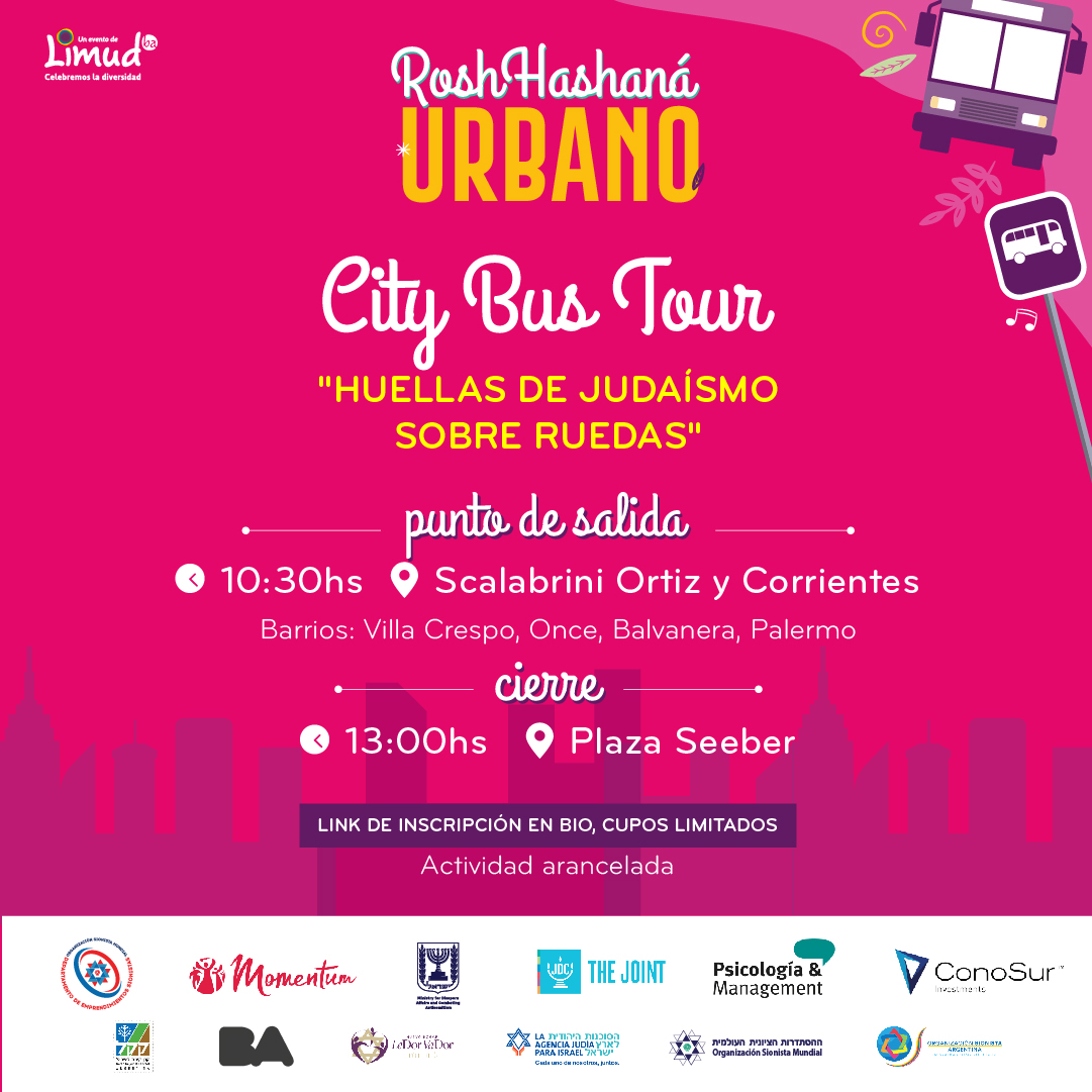 📢¡Ya podés inscribirte en el City Bus Tour! 
El domingo 3 de septiembre a las 10:30hs salimos a buscar "Huellas de judaísmo sobre ruedas" y terminamos en la Plaza Seeber para disfrutar de Rosh Hashaná Urbano🍎¡Sumate! En bit.ly/CityBusRHUL
Actividad arancelada.