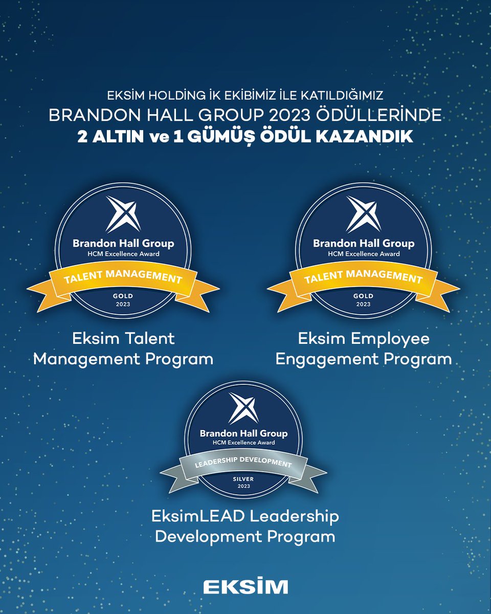 İnsan Kaynakları alanında gerçekleştirdiğimiz çalışmalarla Brandon Hall Group Mükemmellik Ödülleri’nde iki altın ve bir gümüş ödül almanın gururunu yaşıyoruz. @BrandonHallGrp

#EksimHolding #BHGAwards #BrandonHallGroup #İK