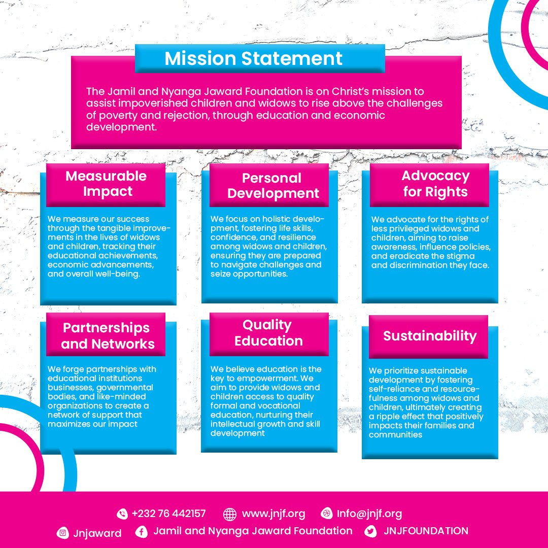 JNJFoundation's tweet image. Empowering Change: Discover the heart and soul of JNJF&apos;s journey. Join us as we set forth to make a lasting impact and create a brighter future for less privileged widows and children. 

 #Mission #VisionForImpact #JNJF #widow #family #ngo #un #aid #sierraleone #africa