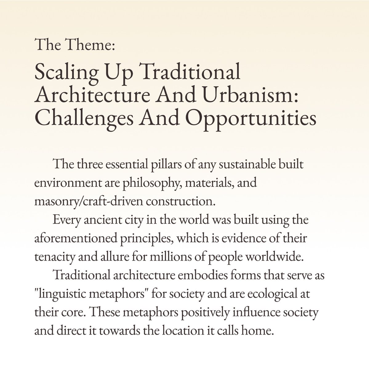SAVE THE DATE. Join us for the International Convention on Traditional Architecture and Urbanism, on 25-27 November, 2023 in Qatar, brought to you by the Caravane Earth Foundation and INTBAU Qatar. Stay tuned for details! Visit for more info: intbauqatar.earth