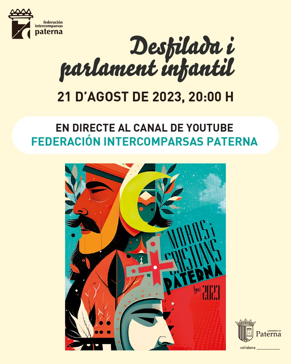 Intercomparsas's tweet image. Esta misma tarde, desfile y parlamento infantil de Moros y Cristianos de #Paterna!
Síguelo en directo en el canal de YouTube de la Federación Intercomparsas Paterna 👉 youtube.com/live/75k38HGxI…
La retransmisión dará comienzo a partir de las 20:15 h.
No te lo pierdas!