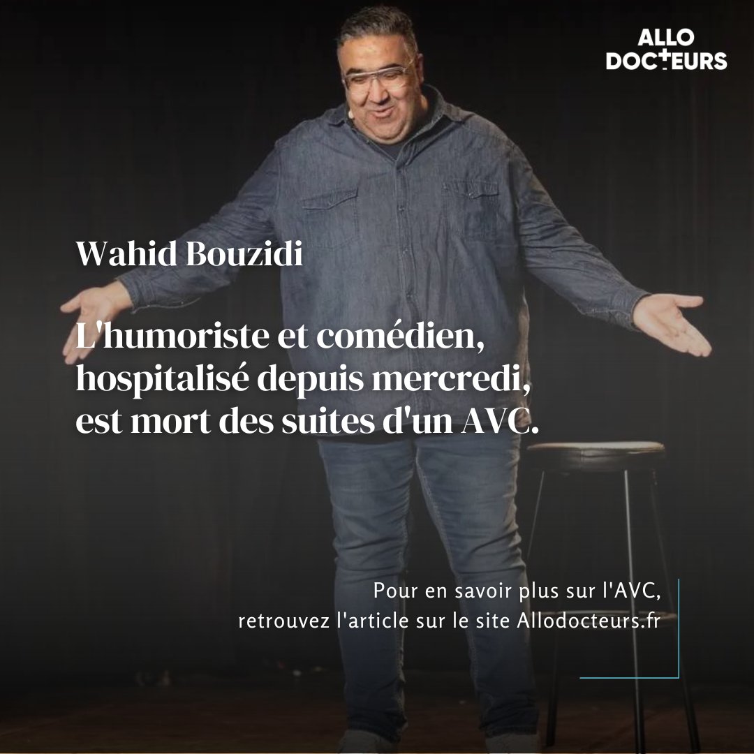 Allodocteurs's tweet photo. L'humoriste #WahidBouzidi est décédé des suites d'un AVC.

🔗 Retrouvez l'article sur les facteurs de risque de l'AVC sur le site Allodocteurs :
https://t.co/IdRPrFHBYK https://t.co/bNB4lmoRoT