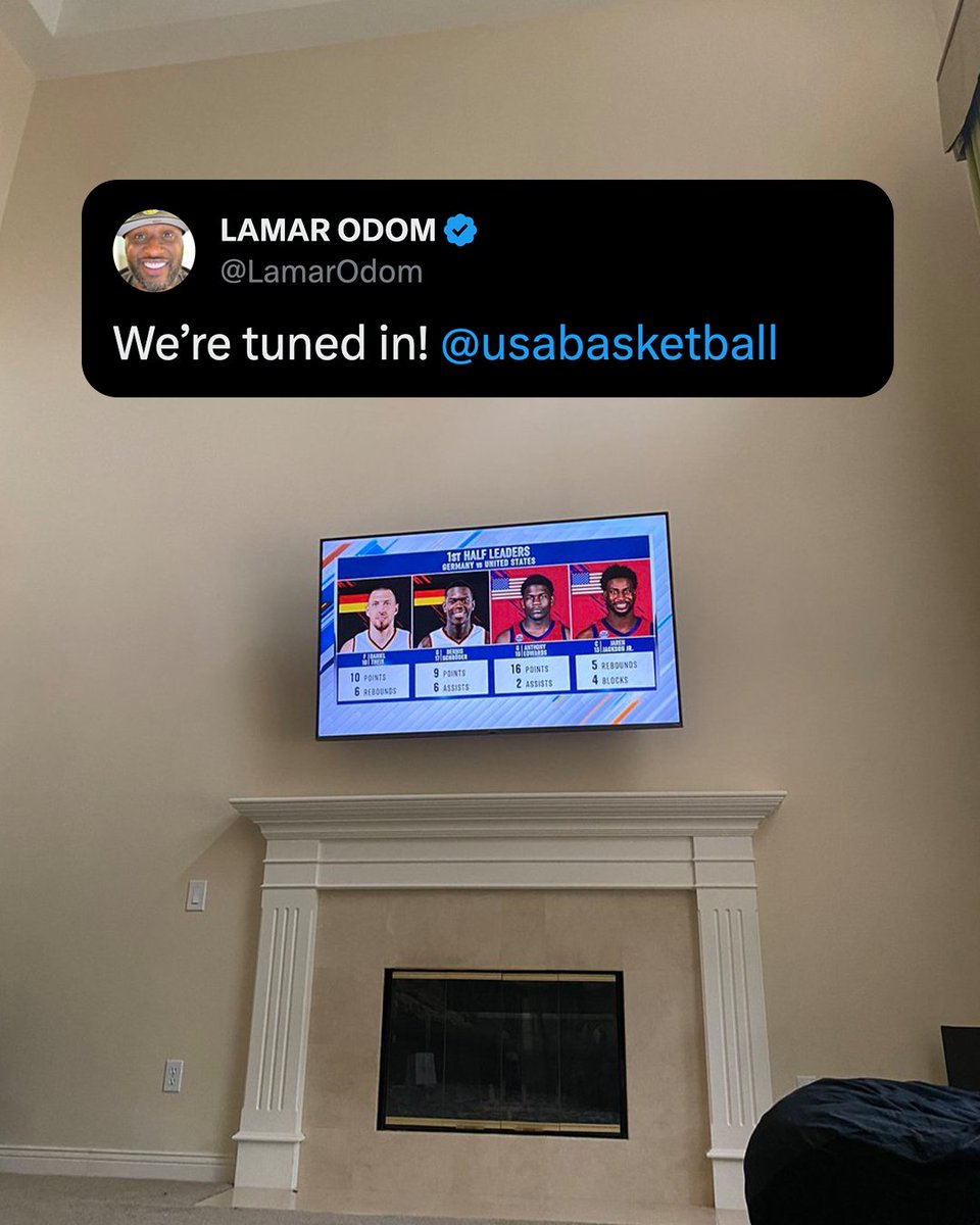 ESPNNBA's tweet photo. Lamar Odom showed his support for USA basketball and fans were clowning his TV size, so he showed the receipts 😅 https://t.co/GqodW8dUw8
