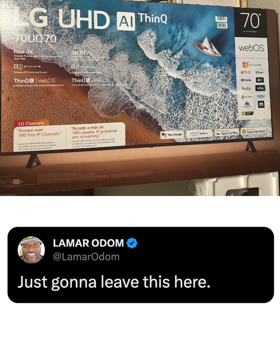 ESPNNBA's tweet photo. Lamar Odom showed his support for USA basketball and fans were clowning his TV size, so he showed the receipts 😅 https://t.co/GqodW8dUw8