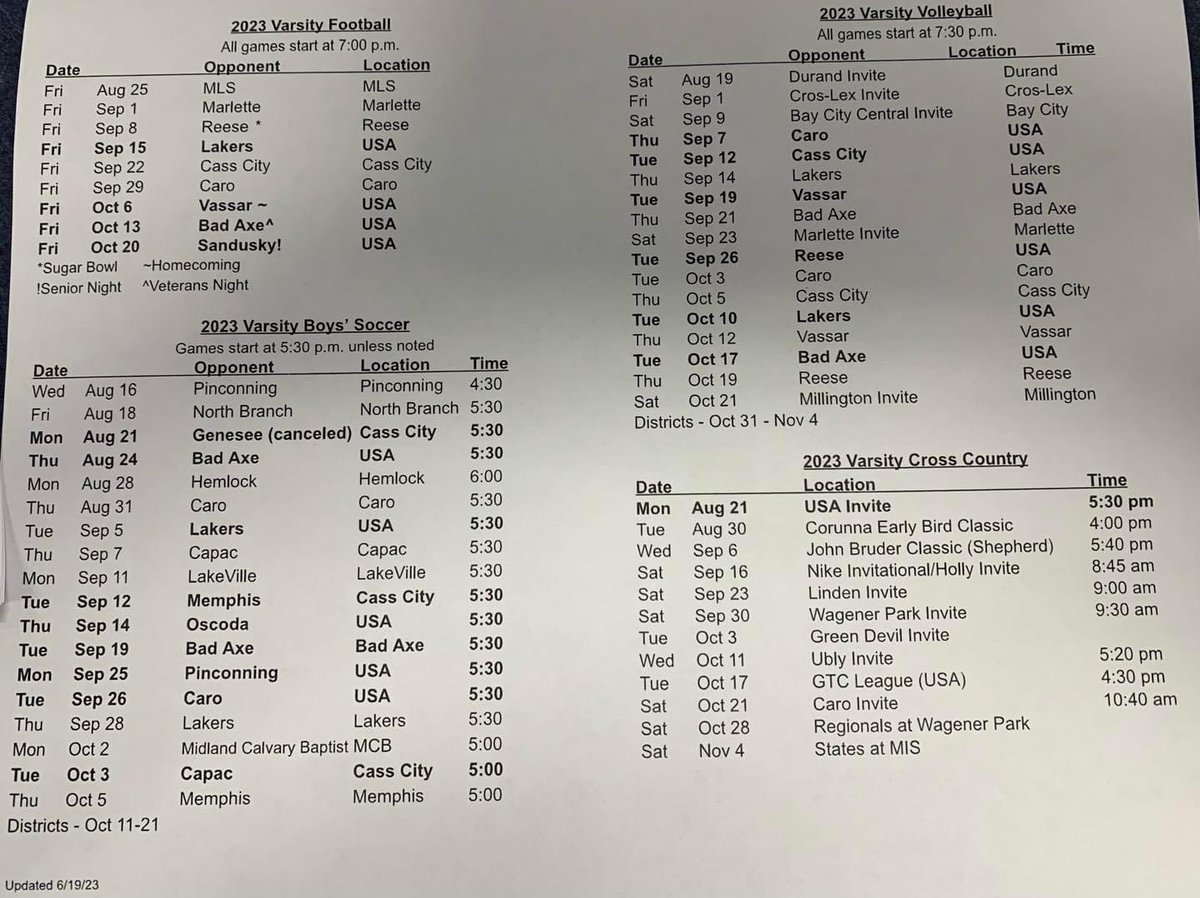 FALL SPORTS SCHEDULE!! 
Come support your patriots!!