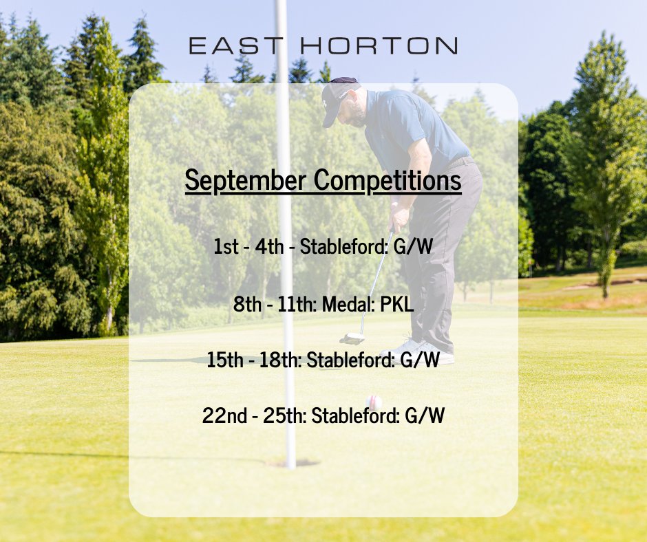 Looking to showcase your golf skills this September? 
Check out our member exclusive September competitions.

Enter at reception while checking in for your tee time, it’s that easy!
.
#easthorton #golfclub #golfer #golfing #golfcourse #clubchampionships #hampshiregolf #golfcomp