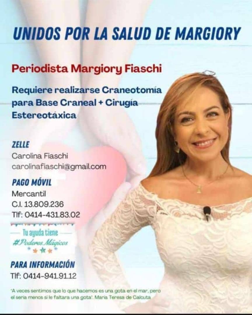 globovision's tweet photo. #SERVICIOPÚBLICO para la periodista Margiory Fiaschi que fue diagnosticada con una LESIÓN DE OCUPACIÓN DE ESPACIO en el área derecha de su cerebro, todo a raíz de una convulsión que sufrió en días anteriores.

Para colaborar comunicarse a través de +584149419112 https://t.co/aflJwhYvGa