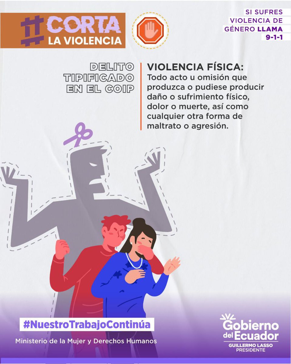 Identificar los tipos de violencia es el primer paso para prevenirla.

Violencia física: cualquier maltrato, agresión o acto que produce o pudiese producir daño o sufrimiento físico, dolor o muerte.

#CortaLaViolencia
#NuestroTrabajoContinúa