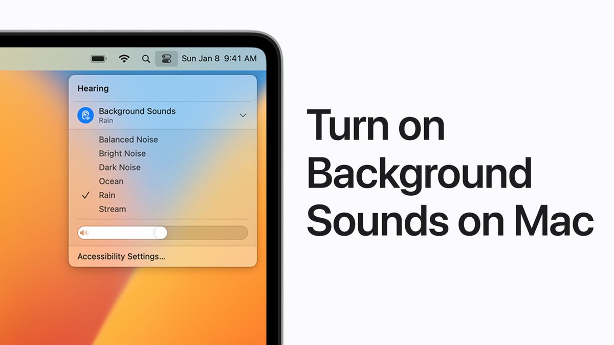 AppleSupport's tweet photo. 😌 Bright Noise to help you concentrate
🌧️ Rain to help you relax
🌊 Ocean to help you sleep

You can use the built-in background sounds on your Mac to help focus on what you’re doing. Here’s how. https://t.co/2Qo6v0Siym