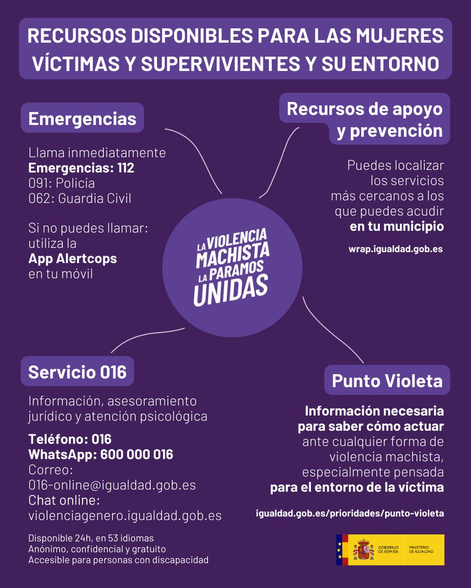 Mis condolencias y todo mi cariño a la familia y amigos de la mujer asesinada en Madrid, víctima de la violencia machista. Ni un paso atrás desde la sociedad ni desde las instituciones frente a la #ViolenciaDeGénero. Si eres víctima, llama al 016.